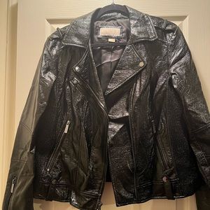 Micheal Kors Crinkled Patent Faux Leather Moto Jacket